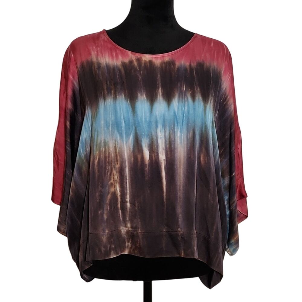 Relaxed Tie-Dye Satin Blouse in Red, Blue & Brown